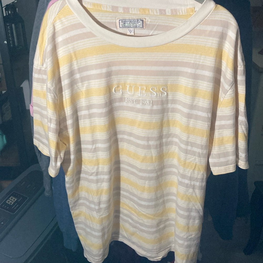 Guess Yellow and White Striped Tee